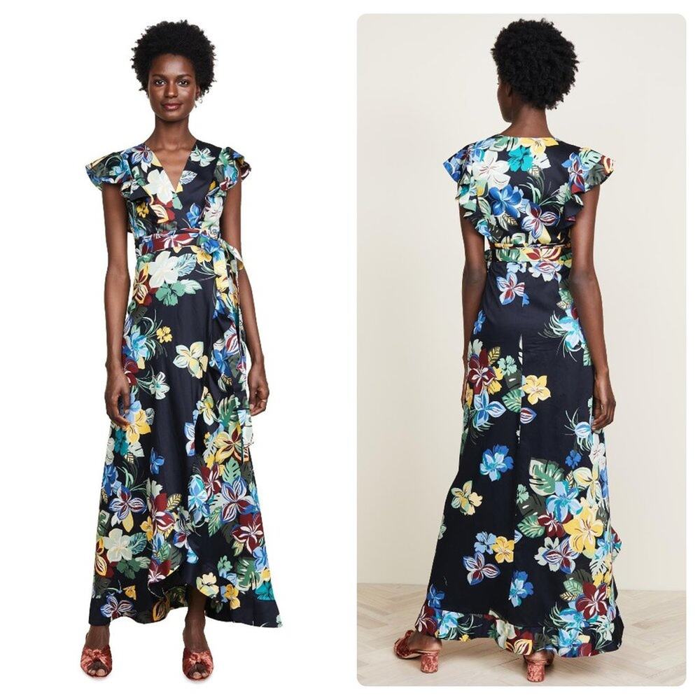Alexis Tropical Floral Wrap Maxi Dress Black